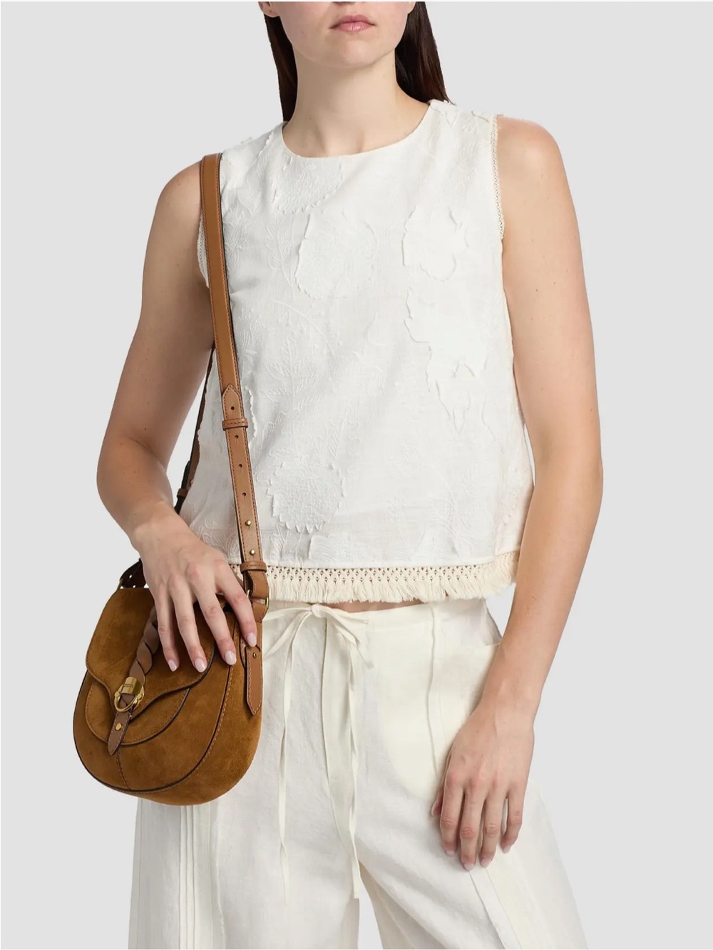 Sleeveless White Embroidered Fringe-Hem Top